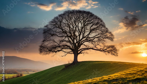 Silhouetted tree on hill at sunset with vibrant sky photo