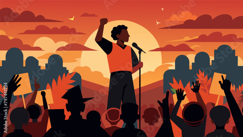 Against the backdrop of a beautiful sunset a poet performs a moving piece about the strength and courage of Black activists throughout history. Vector illustration