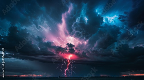 A dramatic lightning strike illuminating the night sky during a powerful rainstorm, showcasing the raw power of nature.
