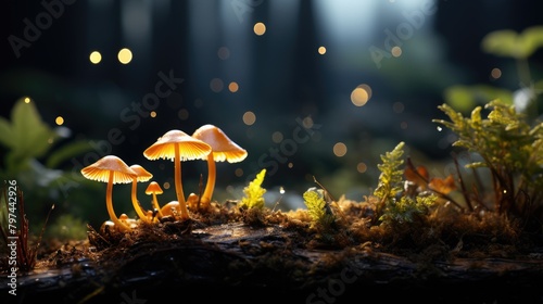 a picture close up of some plants sitting on moss, in the style of dark yellow and light gold, mystical fantasy, mushroom core, AI Generative