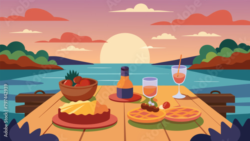 A cozy picnic for two on a wooden pier with a selection of savory quiches juicy gs and a glass of red wine to watch the sunset..