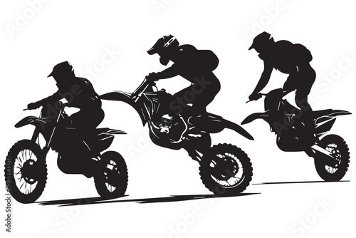 Set silhouette of motorcycle rider performing trick on white background