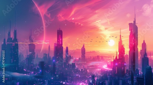 A futuristic cityscape with sleek signal towers reaching towards the sky