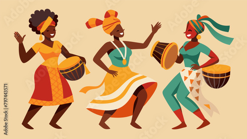 Women adorned in traditional African head wraps and clothing gracefully moved to the beats of drums showcasing the powerful yet graceful movements of. Vector illustration