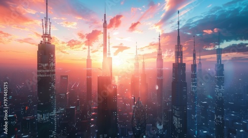 A futuristic cityscape with sleek signal towers reaching towards the sky