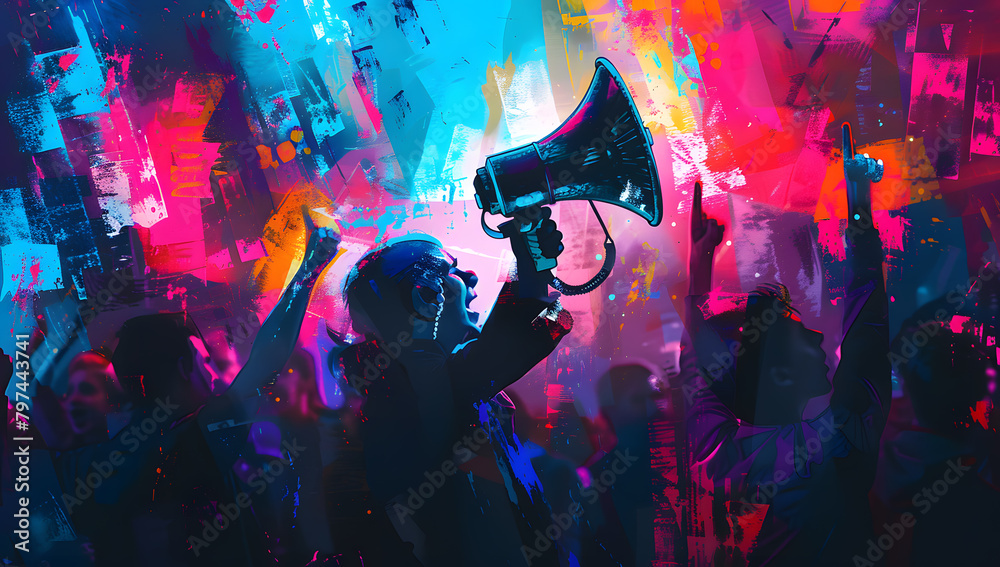 Megaphone in human hand on people background Megaphone in human hand on people background