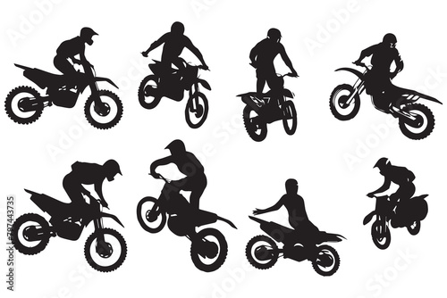 set of Silhouette Biker rider lifts the front wheel