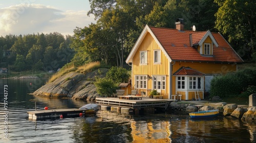 Yellow house by the water in Scandinavian style 