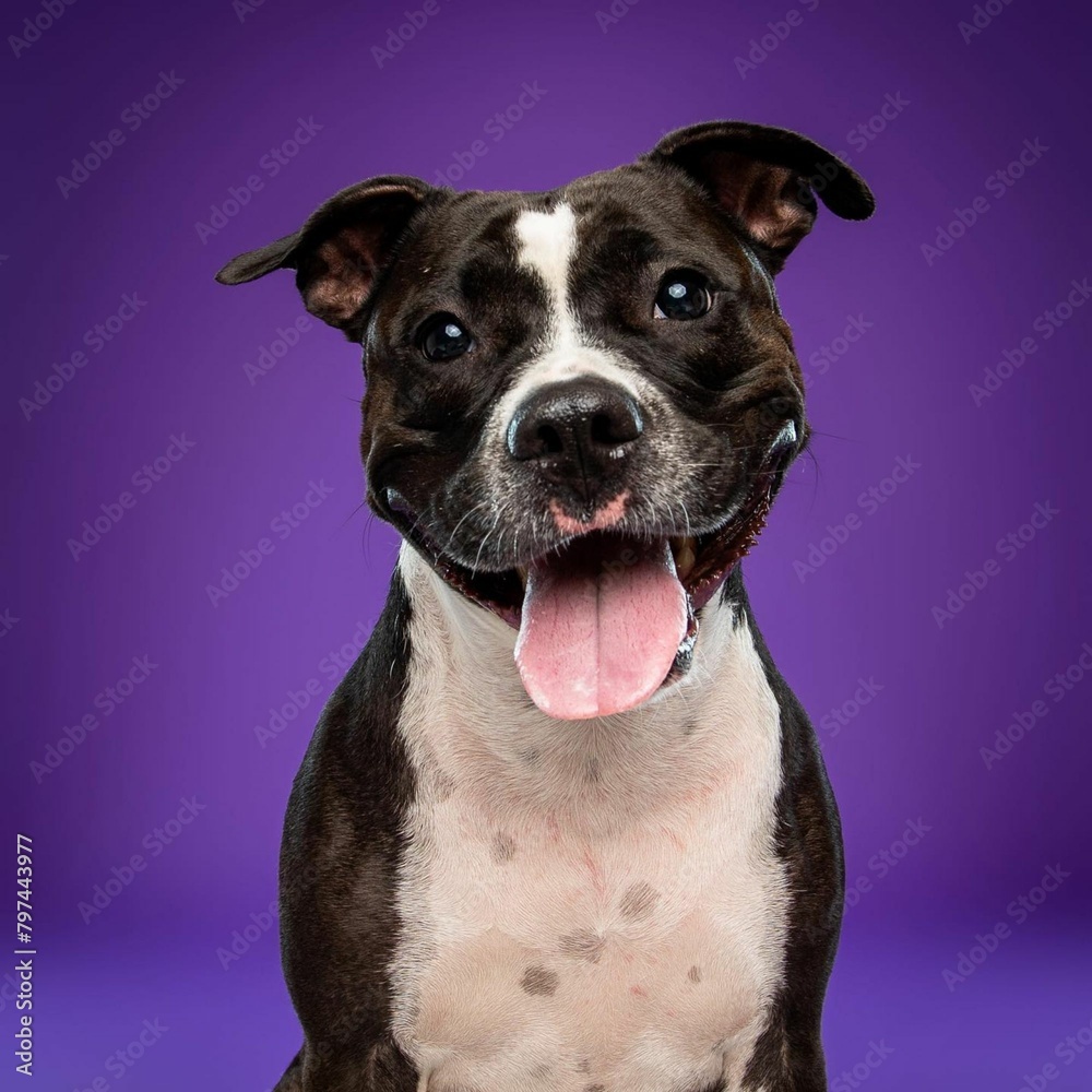 Beautiful American bully puppy dog isolated on Purple background. looking at camera .front view.dog studio portrait.
 dog isolated .puppy isolated .puppy closeup face,indoors.