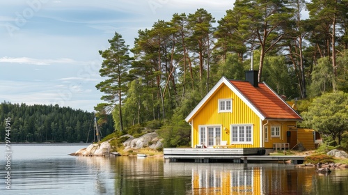 Yellow house by the water in Scandinavian style
