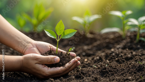 A photo of a person holding a small plant in their hands with the intention of planting it in the ground. The plant has green leaves and brown soil around its roots. The background is blurred and gree