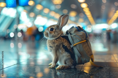 A rabbit with a backpack in the airport. photo