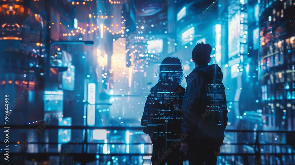 Capture a side view scene of two lovers in a futuristic environment fused with intricate nanotechnology details, showcasing a harmonious blend of warm and cool colors in a digital rendering technique