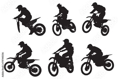 Set silhouette of motorcycle rider performing trick on white background