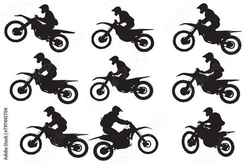 Motocross racing, motocross racer jumping on a motorcycle, isolated vector silhouette, front view. Ink drawing, freestyle motocross