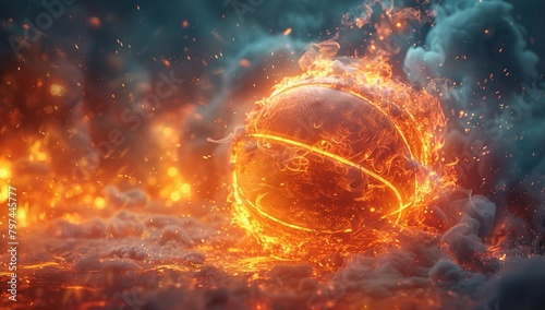 An astronomical basketball engulfed in flames with clouds in the sky photo
