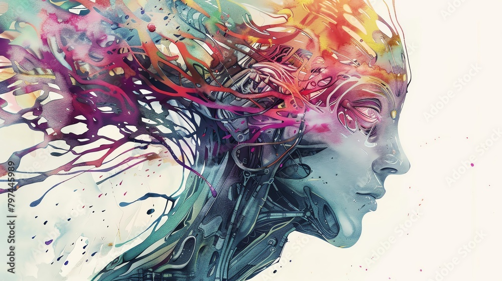 Illustrate a humanoid robotic entity delving into dreamscapes, blending sleek digital design with surreal watercolor strokes, capturing the essence of subconscious exploration