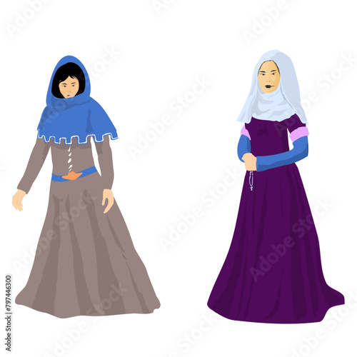 An antique medieval cassock attire associated with obedience and the church religion. Vector illustration long hoodie dress nuns convent novices catholic protestant or anglican medieval beautiful