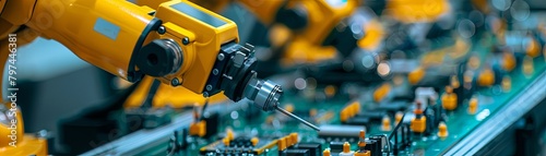 A yellow robotic arm is soldering a circuit board.