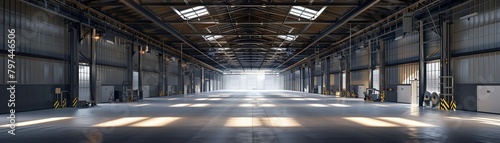 An empty warehouse with concrete floors and steel beams photo