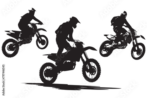 Motocross racing, motocross racer jumping on a motorcycle, isolated vector silhouette, front view. Ink drawing, freestyle motocross