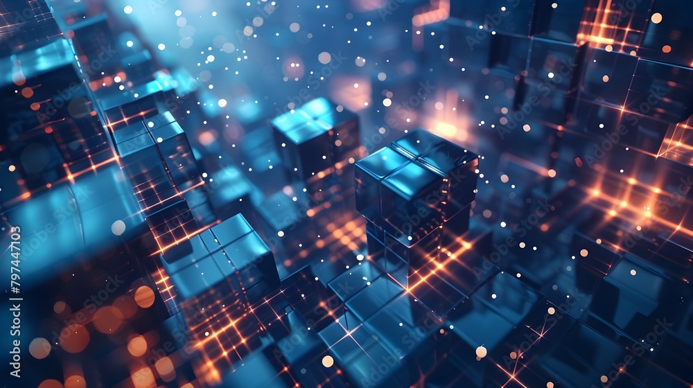Glowing Futuristic Geometric Cube Grid in Neon Blue Digital Technology Background Glowing Futuristic Geometric Cube Grid in Neon Blue Digital Technology Background
