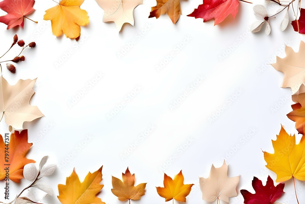 Autumn paper frame with white background leaves and copy space.