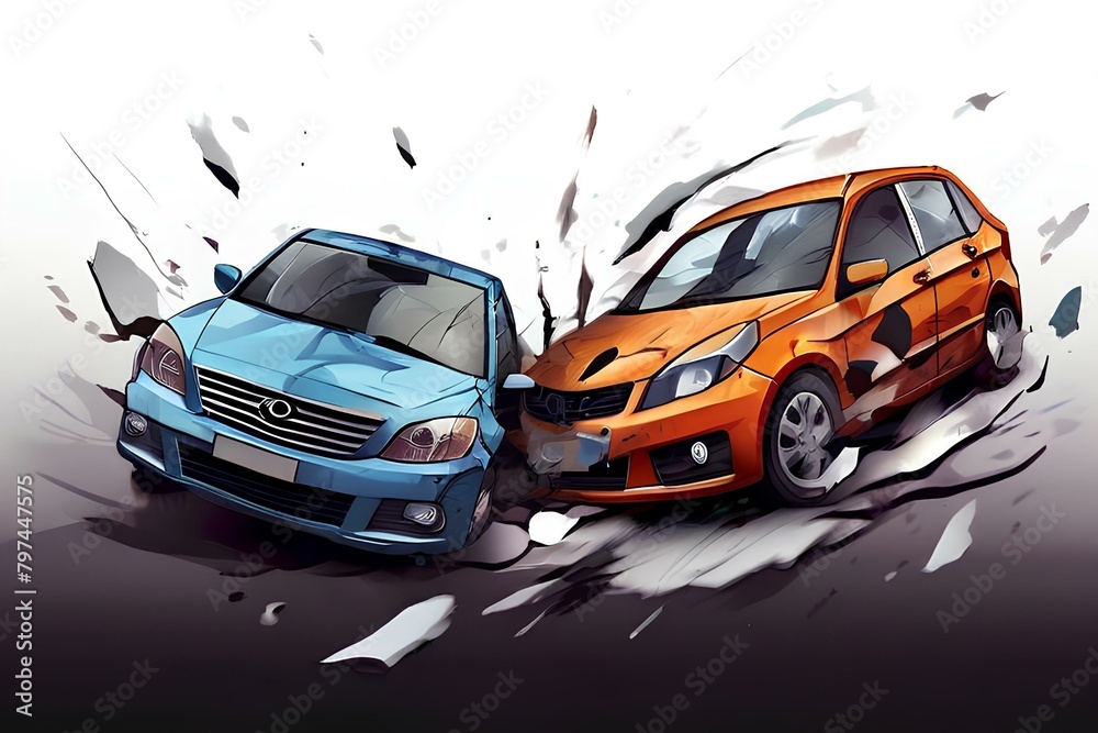 Car accident concept illustration with two cars crashing together.