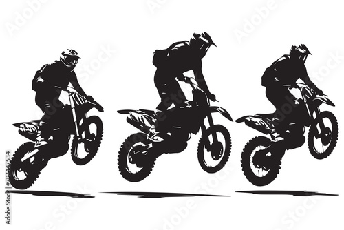 Motocross racing, motocross racer jumping on a motorcycle, isolated vector silhouette, front view. Ink drawing, freestyle motocross