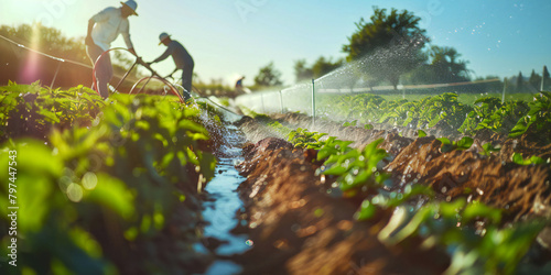 A image of workers installing an irrigation system in agricultural fields, laying pipes and setting up sprinklers to provide water to crops