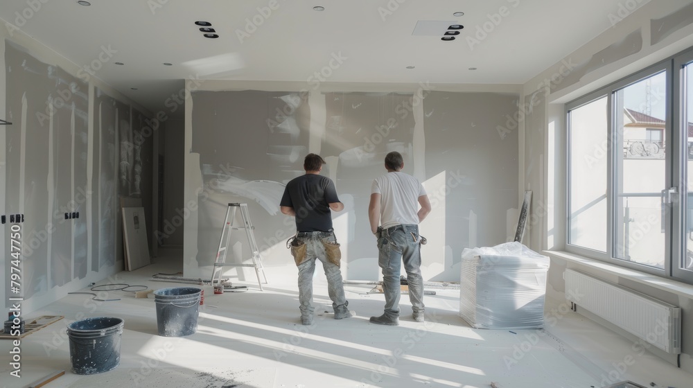 Two male workers painting walls light gray in modern living room interior of new house