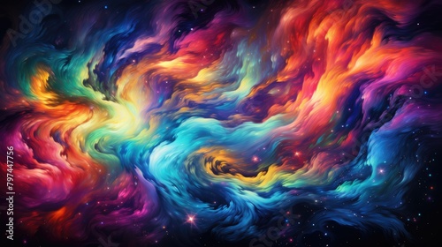 A cosmic journey through a psychedelic galaxy, filled with swirling nebulae, celestial bodies, and pulsating colors