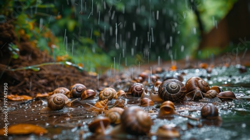 A group of snails congregating on a damp forest floor after a rain shower