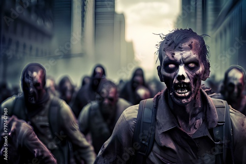 Crowd of zombies in a post-apocalyptic city zombie attack going forward.
