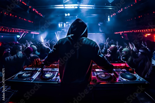 Hooded dj on stage plays techno on cd turntables to huge dancing crowd in abandoned factory with red neon lights and led lights rave raving sound system.