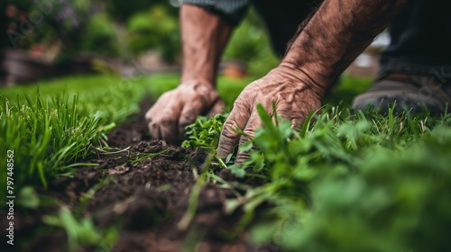 A close-up shot of a gardener's hands carefully smoothing out freshly laid turf, capturing the texture and detail