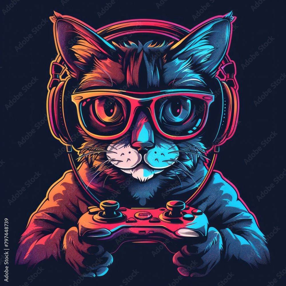 A portrait cool cat wearing a pair of gaming headphones and holding a game controller