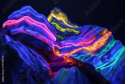 Neon Luminous Stratum Landscapes: Abstract Art of Glowing Rock Formations