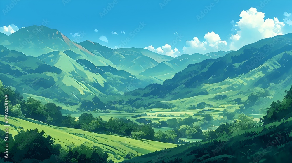Majestic Green Mountain Landscape with Lush Valleys and Winding Paths in Peaceful Rural Countryside