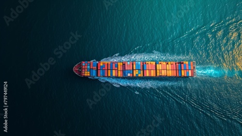 top view container cargo ship in import export business commercial trade logistic and transportation of international by container cargo ship in the open sea,