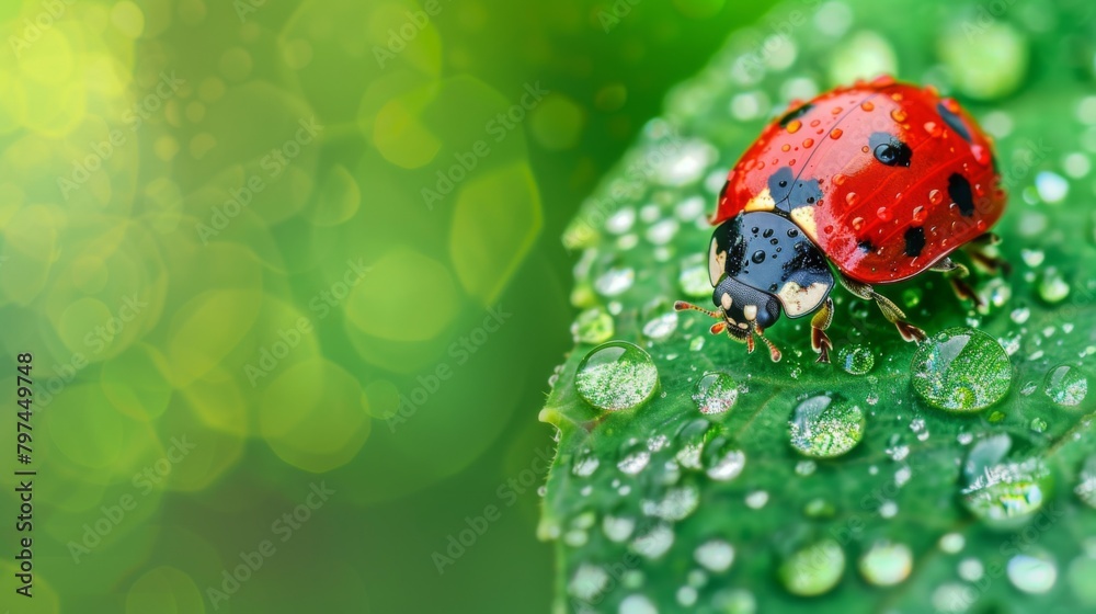 A ladybug nestled amidst dewdrops on a morning leaf, a charming symbol of luck and natural harmony. A ladybug nestled amidst dewdrops on a morning leaf, a charming symbol of luck and natural harmony.