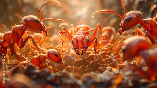 A macro image of a fire ant queen surrounded by her loyal workers inside the nest © Plaifah