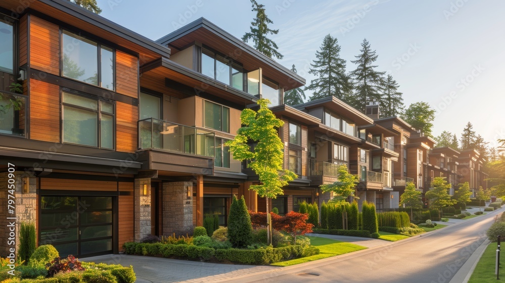 A row of luxurious townhouses with a harmonious mix of wood stone and glass accents nestled amidst manicured landscaping and bathed in the warm glow of the setting sun
