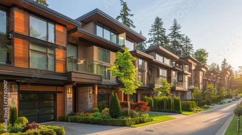 A row of luxurious townhouses with a harmonious mix of wood stone and glass accents nestled amidst manicured landscaping and bathed in the warm glow of the setting sun 