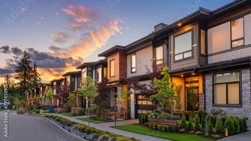 A row of luxurious townhouses with a harmonious mix of wood stone and glass accents nestled amidst manicured landscaping and bathed in the warm glow of the setting sun  © MOUISITON