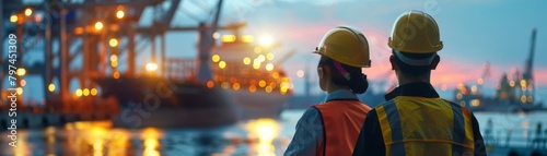 Two engineers in hard hats looking out at a container ship in the harbor at sunset.
