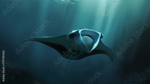 A majestic manta ray gliding effortlessly through the ocean depths, captivating viewers with its graceful movements. photo