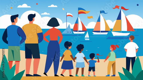 As families gather on the shore sailboats decorated with flags pass by in a colorful procession symbolizing our shared values and love for our. Vector illustration