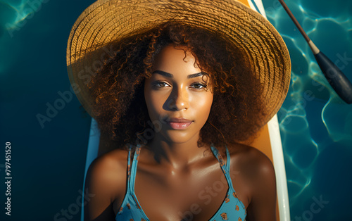 Young African American woman with afro hair is lying and relaxing on sup serfing board with sunshine in the blue sea
 photo
