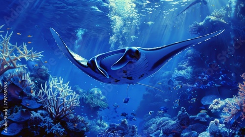 A majestic manta ray gliding effortlessly through the ocean depths, captivating viewers with its graceful movements.